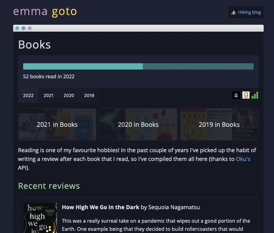 "Book review section of my website"