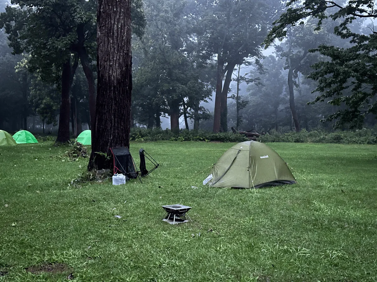 "A green tent next to a tree. There is a camping chair propped against the tree and a small metal grill."