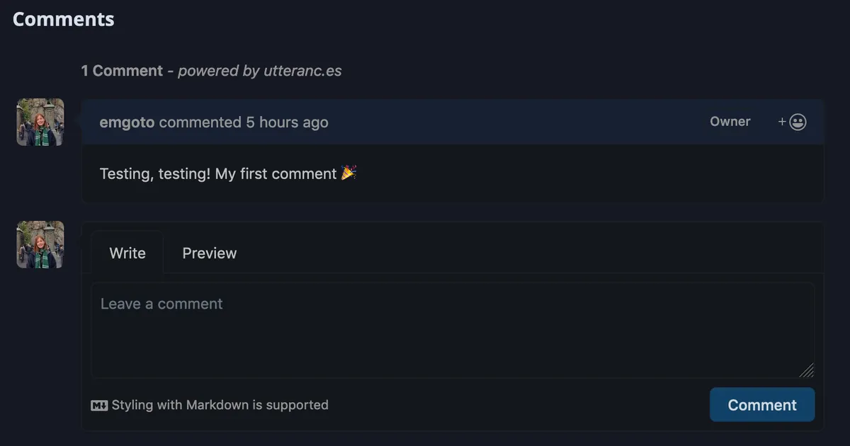 User leaving comment on blog with utterances.